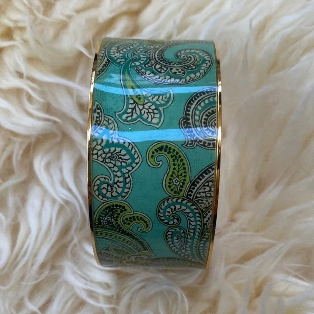 Vintage Brooks Brothers Paisley Brass Cuff Bracelet Blue Green Boho NWT Gift